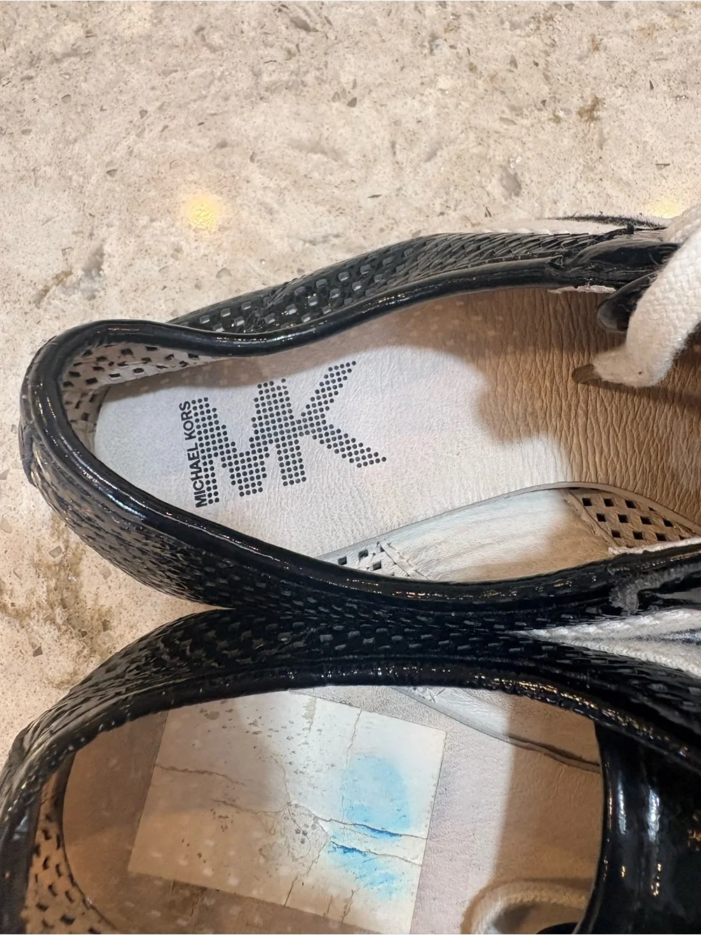 Michael Kors Black Patent Sneakers with White Stripes and Laces